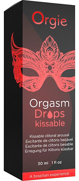 Szklana butelka z zakraplaczem Orgie Orgasm Drops Kissable, 30 ml