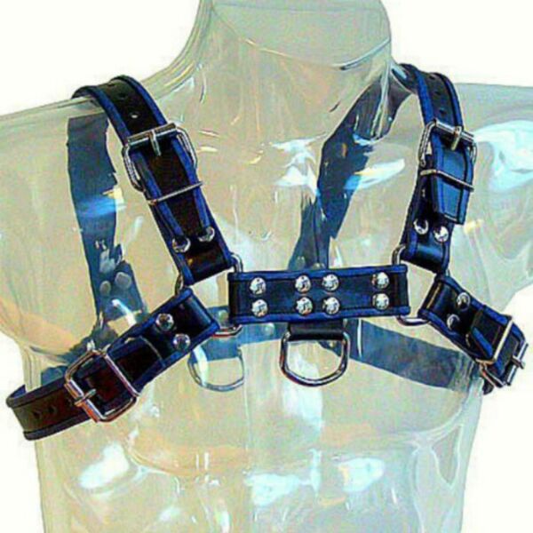 Niebiesko-czarna uprząż męska Leather Body Chest Bulldog z paskami i metalowymi łańcuszkami