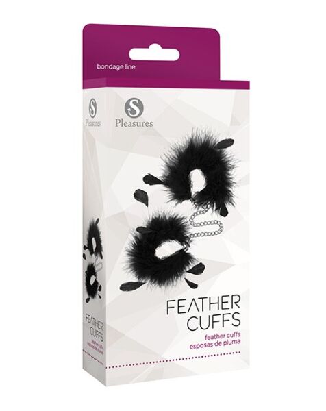 Kajdanki S Pleasures Feather Cuffs, dwie kajdanki z piórami połączone łańcuchem