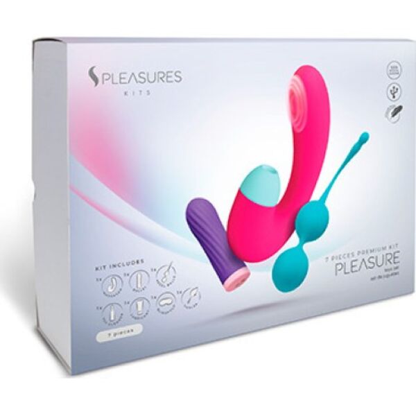 Zestaw erotyczny S Pleasures Pleasure Kit z wibratorem pocisk, podwójnym stymulatorem, kulkami Kegla, lubrykantem, środkiem czyszczącym, piórkiem i opaską na oczy