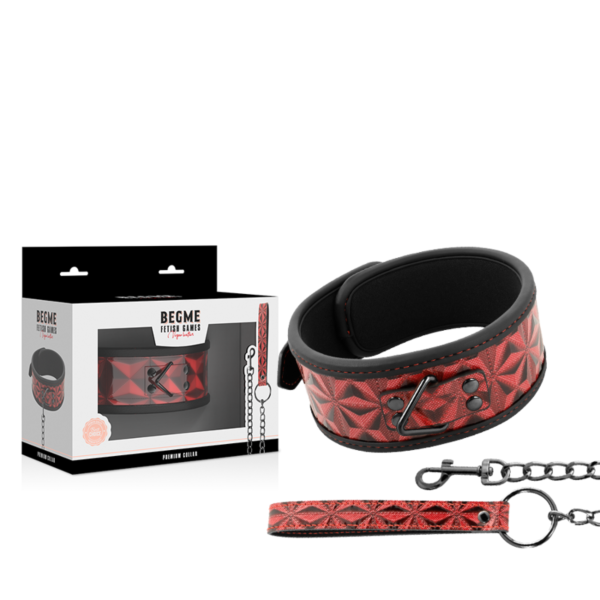 Obroża BDSM Begme Red Edition z wegańskiej skóry z metalowym łańcuchem, kółkiem na szyję i smyczą