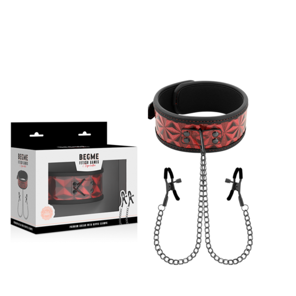 Obroża z łańcuszkiem i klipsy na sutki Begme Red Edition