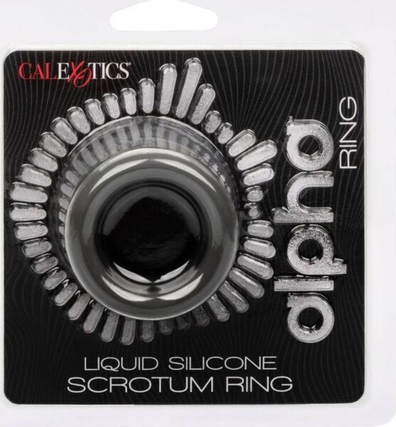 Pierścień na mosznę CalExotics Alpha Scrotum Ring z szarego płynnego silikonu, w wygiętym kształcie klepsydry