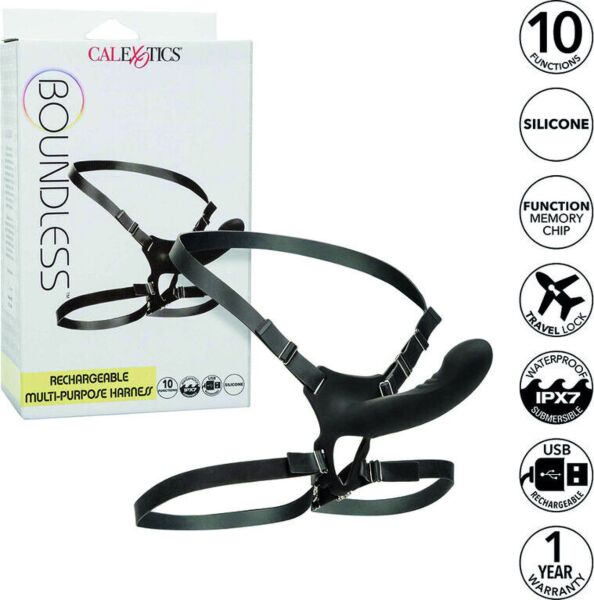 Uprząż strap-on CalExotics Boundless z sondą o zakrzywionej końcówce oraz paskami na talię i udo