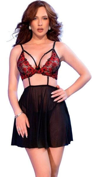 Babydoll Chilirose CR 4869 z haftowanym biustonoszem, tiulową spódniczką i stringami