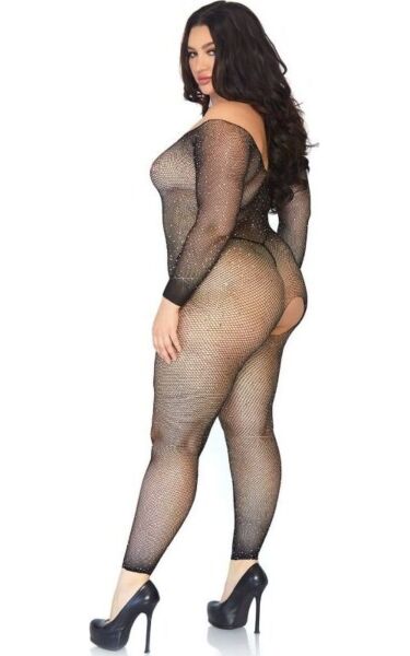 Czarny siateczkowy bodystocking Leg Avenue Plus Seamless Fishnet z długim rękawem i kryształkami