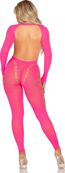 Bodystocking Leg Avenue Reckless Intentions w neonowym różu, z odkrytymi plecami i wycięciami
