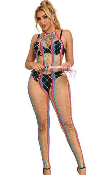 Body stocking Subblime z siateczki w tęczowy wzór, z dekoltem halter