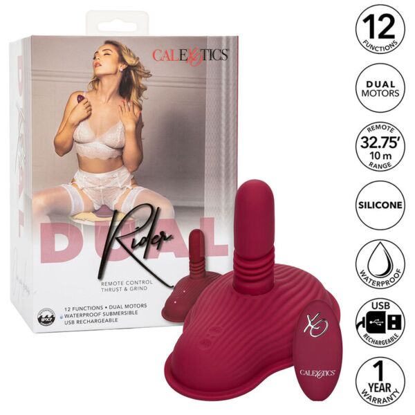 Wibrator do dosiadania CalExotics Dual Rider Thrust & Grind w kolorze czerwonym, z pilotem