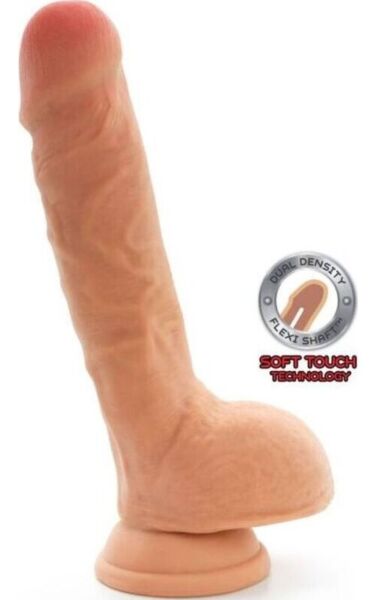 Realistyczne dildo Toyjoy Get Real Dual Density w kolorze cielistym, z jądrami i przyssawką u podstawy