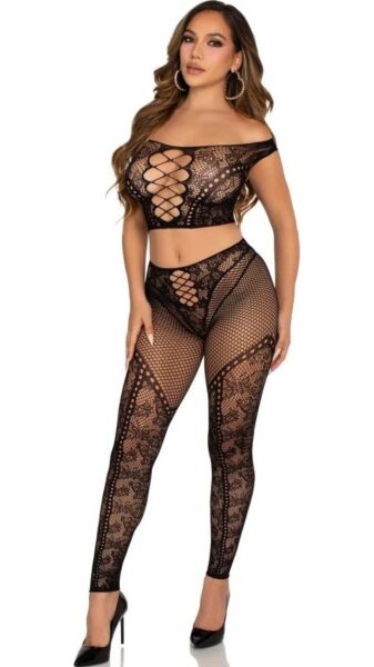 Komplet bielizny Leg Avenue Love Me Tonight w kolorze czarnym: crop top z odkrytymi ramionami i legginsy z koronki i siateczki
