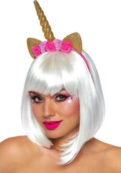 Opaska z jednorożcem Leg Avenue Golden Unicorn Flower ze spiralnym złotym rogiem, błyszczącymi uszkami i różowymi różami