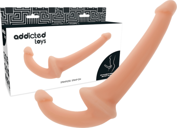 Dildo strap-on bez uprzęży Addicted Toys z krótką, zakrzywioną końcówką i długą, prążkowaną końcówką