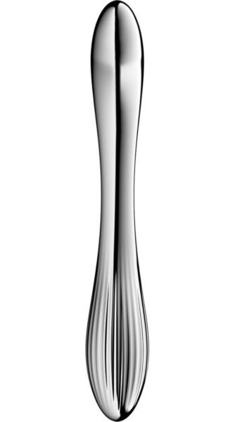 Srebrne dildo Satisfyer Pure Gravity 1 ze stali nierdzewnej, zakrzywione i dwustronne
