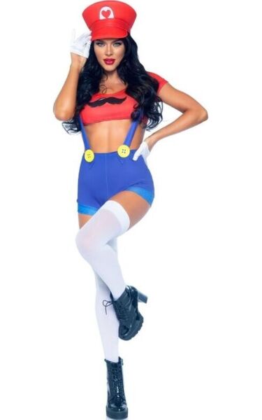 Kostium sexy Mario Bros Leg Avenue w kolorze czerwonym i niebieskim, z krótkim topem, szortami na szelkach i czerwoną czapką z daszkiem
