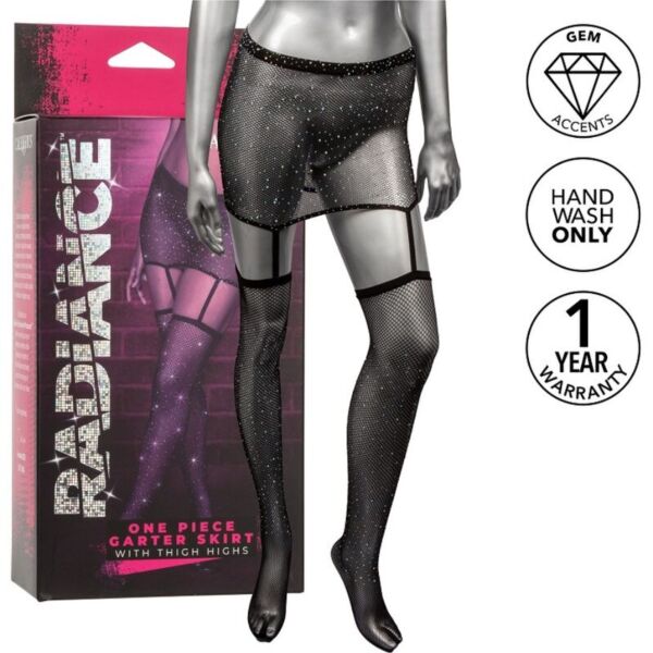 Pończochy z podwiązkami CalExotics Radiance Garter One-Piece, mini spódniczka z podwiązkami i pończochami do uda w jednej części