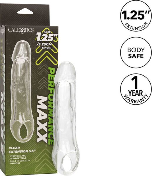 Przezroczysta nakładka na penisa CalExotics Performance Maxx Clear Extension 5,5 z paskiem na mosznę
