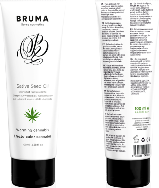 Żel poślizgowy Bruma Cannabis o smaku konopi i z efektem ciepła, w opakowaniach 6 ml i 100 ml