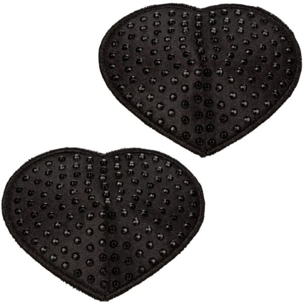 Naklejki na sutki Radiance Pasties Heart CalExotics, dwa czarne serca z kryształkami