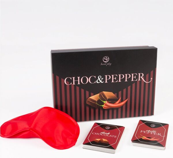 Gra erotyczna z kartami Secret Play Choc & Pepper, z kartami czekoladowymi i pikantnymi oraz przepaską na oczy
