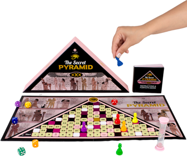 Erotyczna gra planszowa Secret Play The Secret Pyramid z planszą, pionkami, kostkami i klepsydrą