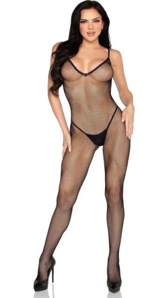 Bodystocking Leg Avenue 89375 z czarnej siateczki, z szydełkowym wykończeniem i otwartym krokiem