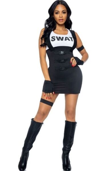 Kostium policjantki Leg Avenue Sultry SWAT Officer w kolorze czarnym, z sukienką, rękawiczkami, opaską i podwiązką