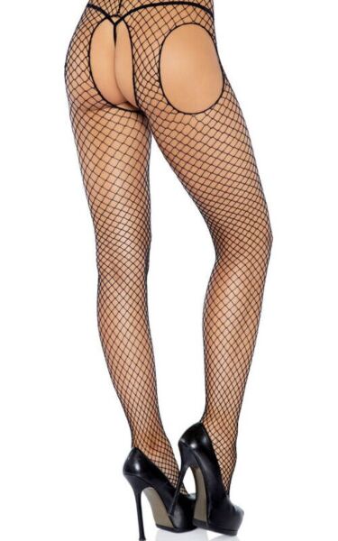Czarne rajstopy kabaretki Leg Avenue Industrial Net Suspender Hose z efektem pasa do pończoch i otwartym kroczem