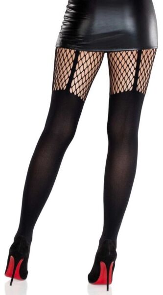 Czarne rajstopy Leg Avenue Jett Garter Illusion, nieprzezroczyste, z siatką na udzie imitującą pas do pończoch