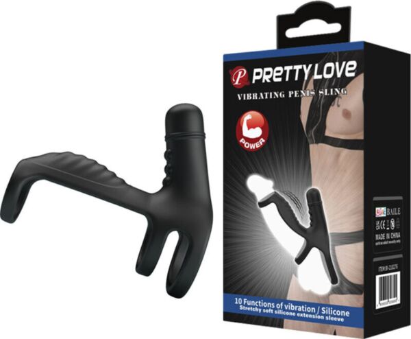Czarna elastyczna osłona na penisa Pretty Love Vibrating Penis Sling z pierścieniową podstawą i wypustkami