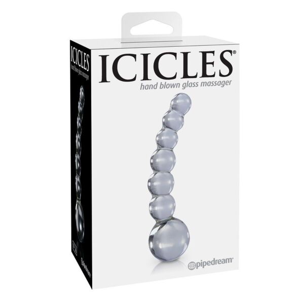 Szklany masażer ICICLES N. 66 z zakrzywionym trzonem i stopniowanymi wypustkami