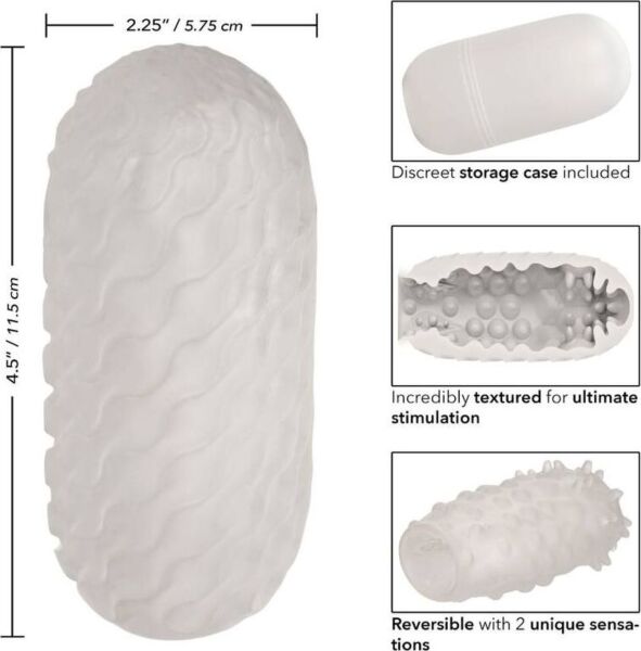 Biały masturbator CalExotics Boundless Reversible Nubby Stroker obok etui