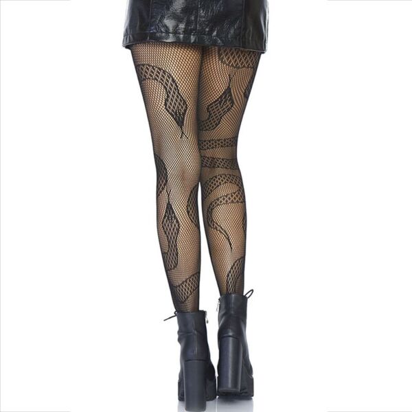 Czarne rajstopy kabaretki Leg Avenue Snake Net Tights z koronkowymi wężami na siatce