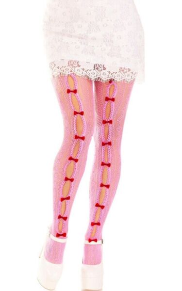 Rajstopy kabaretki Leg Avenue Sweetheart Striped w paski, z serduszkami i mini kokardkami