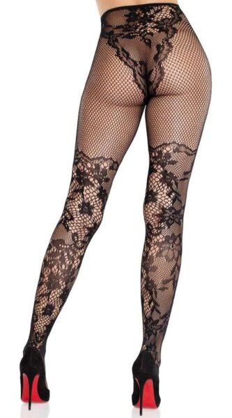 Czarne rajstopy koronkowe Leg Avenue Dahlia Lace Tights z kwiatową koronką i siatką na udach