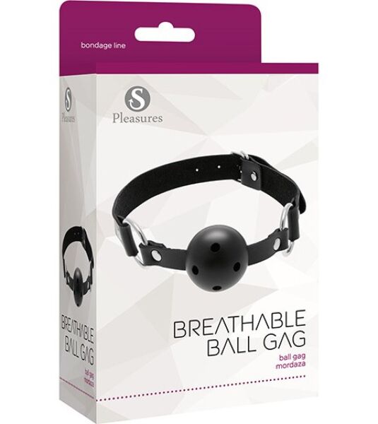 Czarny knebel kulkowy S Pleasures Breathable Ball Gag z otworami w kulce, metalowymi kółkami i paskiem z klamrą