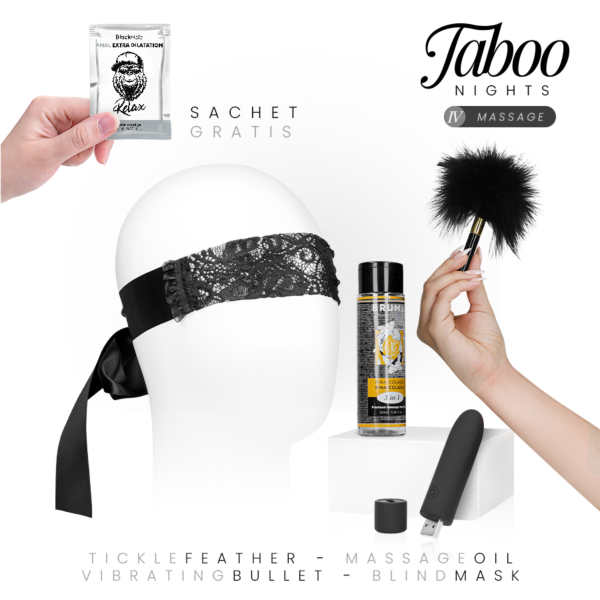 Zestaw Taboo Nights 4 Massage z olejkiem Bruma, wibratorem pociskiem Geri, opaską na oczy, piórkiem i żelem analnym Black Hole