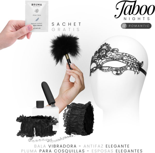 Zestaw Taboo Nights 3 Romantic Dreamkit z opaską na oczy, wibratorem pociskiem, czarnymi koronkowymi mankietami, piórkami i żelem poślizgowym