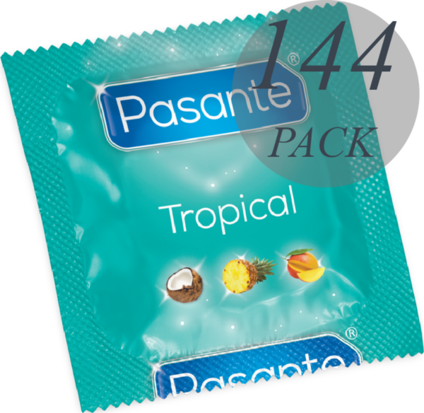 Opakowanie 144 prezerwatyw Pasante Tropical o smakach mango, ananasa i kokosa