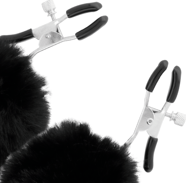 Zaciski na sutki Darkness Nipple Clamps with Pom Poms z nakładkami i dwoma pomponami