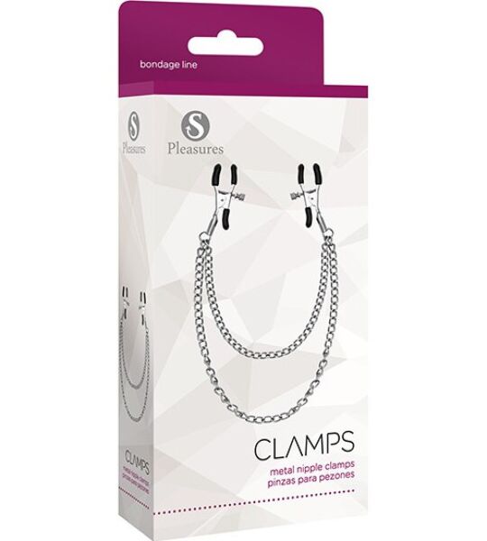Srebrne zaciski na sutki S Pleasures Metal Nipple Clamps połączone łańcuszkiem