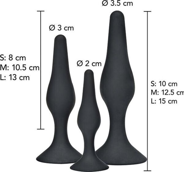 Trzy korki analne ToyJoy Curvy Companions Kit w różnych rozmiarach, o zakrzywionym kształcie i szerokiej podstawie