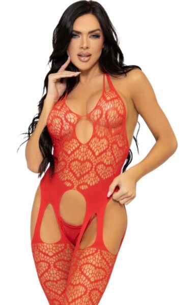 Bodystocking Leg Avenue Love Hangover z siatki w serduszka, z topem halter i podwiązkami