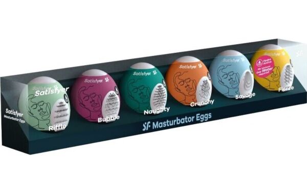 Sześć jajek masturbatorów z zestawu Satisfyer Masturbator Egg Set 6 sztuk, każde w innym kolorze