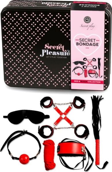 Zestaw BDSM Secret Bondage czerwono-czarny od Secret Play z elementami ze sztucznej skóry i liną