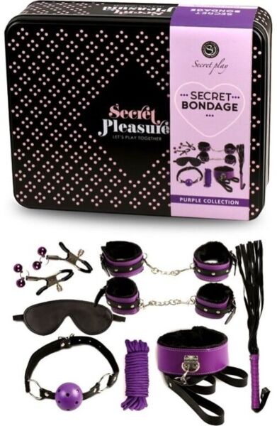 Zestaw BDSM Secret Play z batem, kajdankami, knebla kulkowym, liną, opaską na oczy, obrożą i klamerkami, wszystko w kolorze czarnym