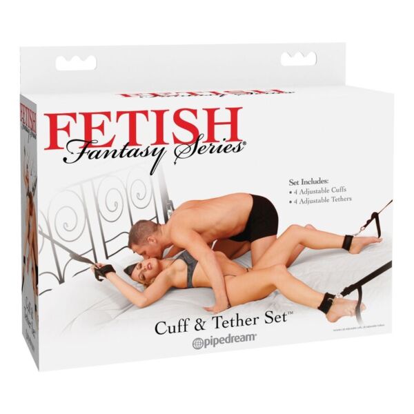 Zestaw bondage Pipedream Fetish Fantasy Cuff & Tether Set z kajdankami na nadgarstki i kostki oraz nylonowymi wiązaniami