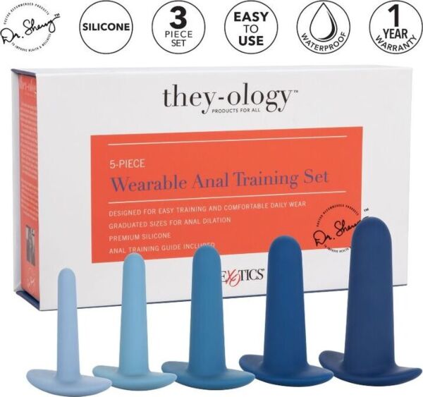 Zestaw do treningu analnego CalExotics They-ology 5 szt., pięć niebieskich sond ułożonych według rozmiaru