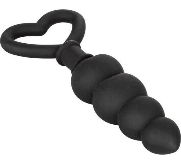 Czarny korek analny CalExotics Silicone Love Probe ze stopniowo rozszerzanym korpusem i sercowatą pętlą