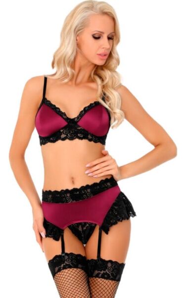 Komplet bielizny Livco Corsetti w kolorze bordowym i czarnym, z biustonoszem, pasem do pończoch i stringami